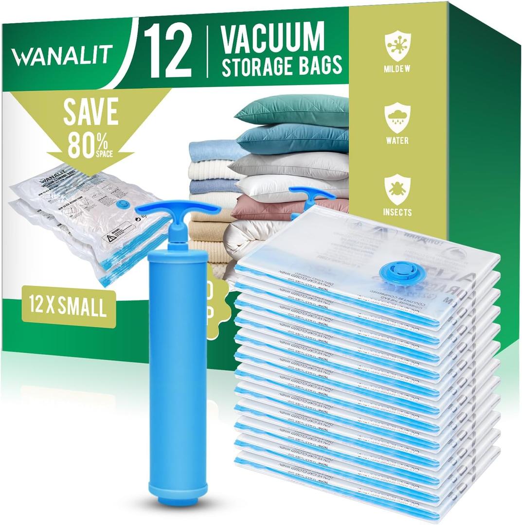 12Pack Small Vacuum Storage Bags, New Air Valve Space Saver Vacuum Sealer Bag for Clothes, Comforters, Blankets, Bedding, Hand Pump Included, Two Vacuum Ways (12 Small Hand Pump)