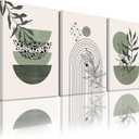 Sage Green Wall Posters & Prints, Green Boho Wall Art Set of 3, Minimalist Framed Wall Art Geometric Line Leaf Sun Moon Beige Green Canvas Artwork Paintings