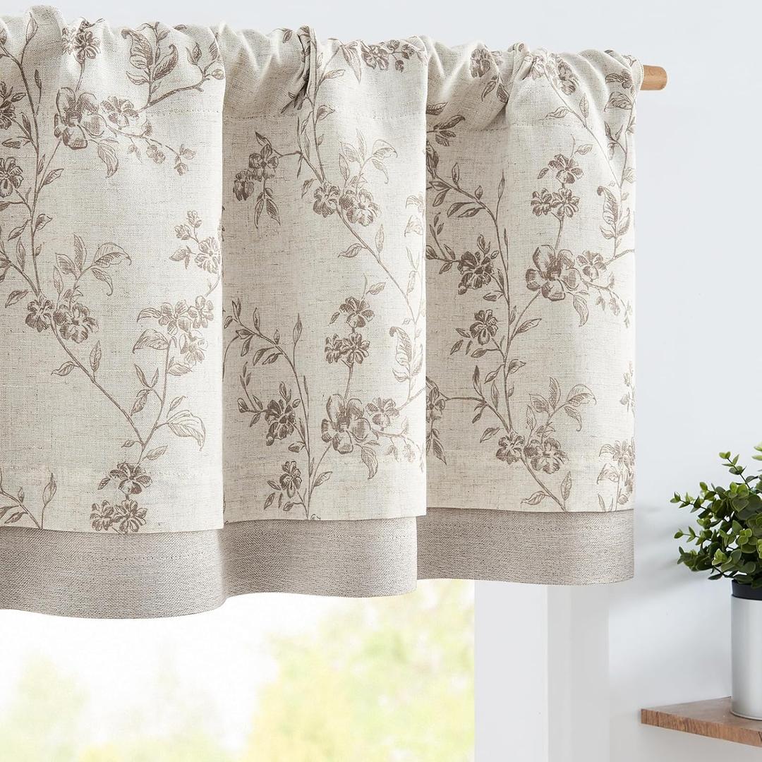 jinchan Linen Kitchen Valance for Windows 16 Inch Floral Double Layer Valance Living Room Laundry Room Darkening Rustic Cottagecore Farmhouse Flower Window Treatment 1 Panel Taupe on Linen