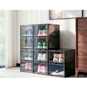 JECCICHY 10 Pack Black Shoe Storage Boxes Stackable, Plastic Shoe Boxes with Lids, Sneaker Storage, Transparent, Thick Hard, Drop Front Door, Within US Size 13, Size: 13.54”x10.63”x7.49”