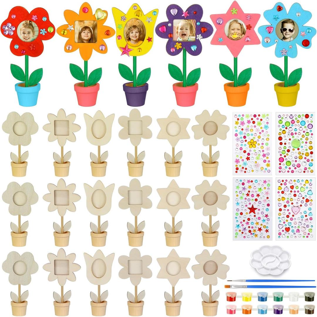 24 Pcs Flower Pot Picture Frames Painting Craft Kit Spring Crafts Unfinished Wood Flower DIY Picture Frame Blank Photo Holder with Painting Tools Gem Stickers for Kids Paint Mother's Day