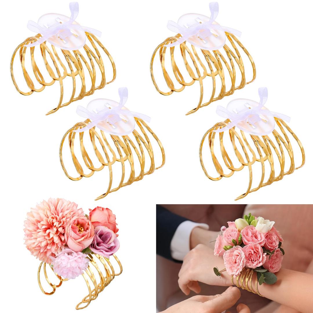 Hotop 4 Set Hammered Textured Gold Corsage Wrist Bracelet Bands Bride Bracelet Adjustable Wrist Corsage DIY Wedding Wristband Accessory for Bridal Party Prom