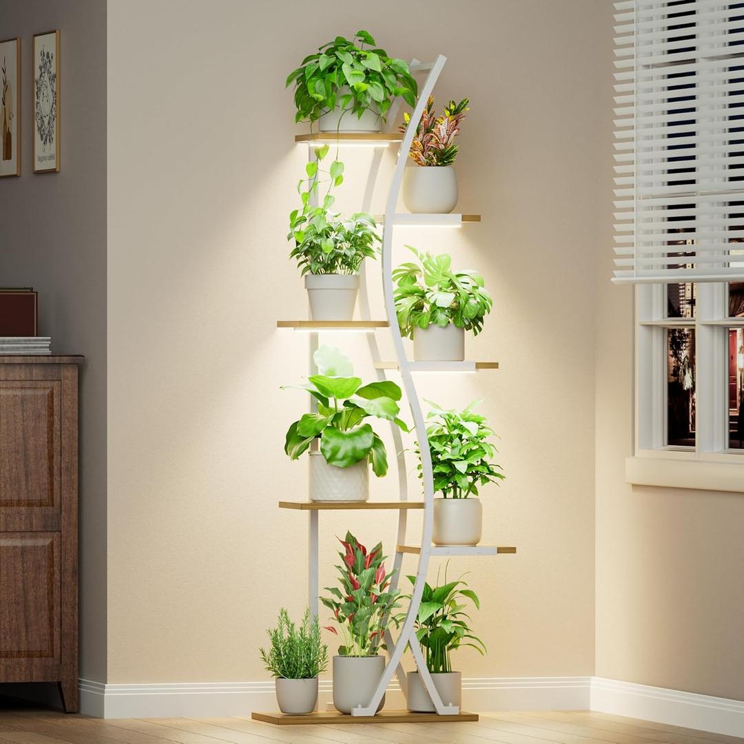 62" Plant Stand Indoor with Grow Lights - 7 Tiered Tall Metal Plant Shelf - Corner Wooden Plant Stand for Indoor Plants Multiple, Large S-Shape Flower Rack Holder for Living Room, Garden, Patio Decor