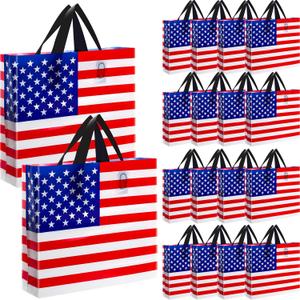Sweetude 48 Pcs American Flag Plastic Shopping Bag with Handle 10 x 13'' Patriotic Gift Bags for Memorial Day Independence Day Party