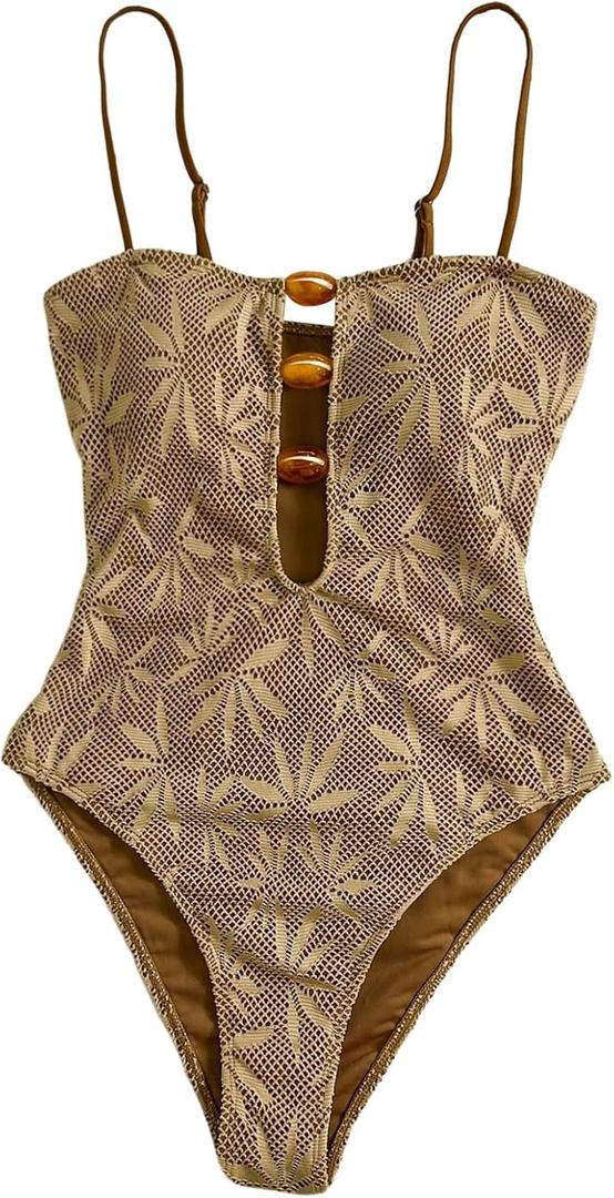 WDIRARA Women's One Piece Cutout Swimsuit High Cut Bathing Suit Spaghetti Strap Vacation Swimwear (Brown, XS)