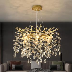 EGM Gold Tree Branch Crystal Chandelier 18-Inch, Crystal Chandelier for Dining Room 6-Light, Hanging Round Raindrop Chandeliers for Living Room E12