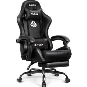 N-GEN GAMING Video Gaming Chair with Footrest Lumbar Support for Home Office High Back Recliner Height Adjustable Ergonomic Comfy Leather Computer Desk Chair (Black)