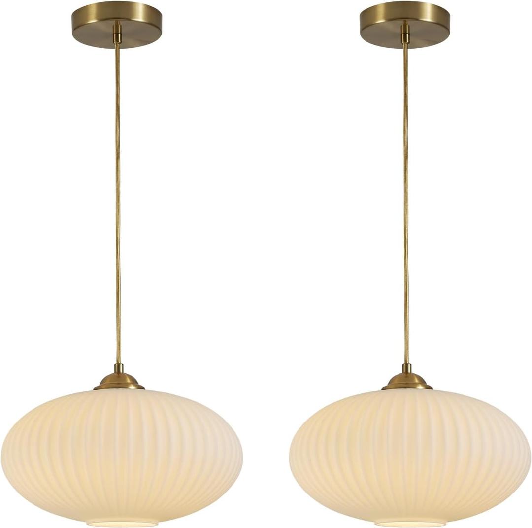 KCO Lighting White Ribbed Glass Pendant Light Modern Antique Brass Pendant Light Gold Large Globe Pendant Light Fixture Mid Century 1-Light Kitchen Island Pendant Lighting (2-Pack)