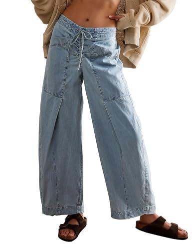 TQD Wide Leg Barrel Jeans for Women Trendy 2026 Mid Rise Baggy Boyfriend Y2K Drawstring Denim Pants with Pockets Relaxed Fit Light Blue, 10 Size