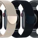 BELONGME 3 Pack Mesh Loop Compatible with Apple Watch Bands for Women Men 42mm 44mm 45mm 49mm 46mm Series 11 10 9 8 7 6 5 4 Ultra3 SE3 2, Stainless Steel Metal Magnetic Strap for iWatch (Starlight+Midnight+Space Gray)