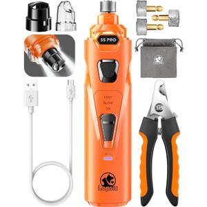 Whisper Quiet Dog Nail Grinder with 4 LED Lights, Safe & Stress-Free for Sensitive Dogs of All Breeds & Sizes, 3 Grinding Bits, 3-Speed, Pet Nail Trimmers, Rechargeable Painless Grooming Kit Orange