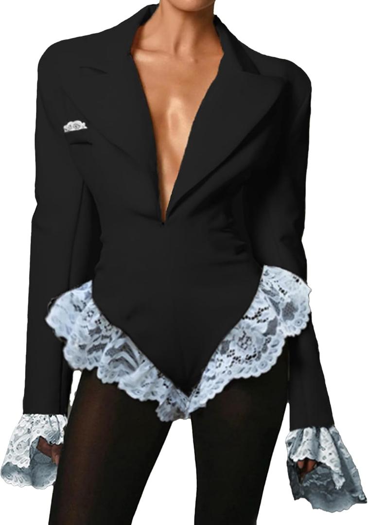 VOIKERDR Black Bodysuit Women Patchwork Lace Long Sleeve V Neck Bodysuit Top Sexy Going Out Outfits (Small)