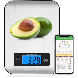 Ataller Smart Food Scales with Nutritional Calculator, Smartphone App with 26 Nutrients Tracking, Calorie, Marco, Digital Kitchen Weight Grams and Ounces for Weight Loss, 11 Pounds, Stainless Steel