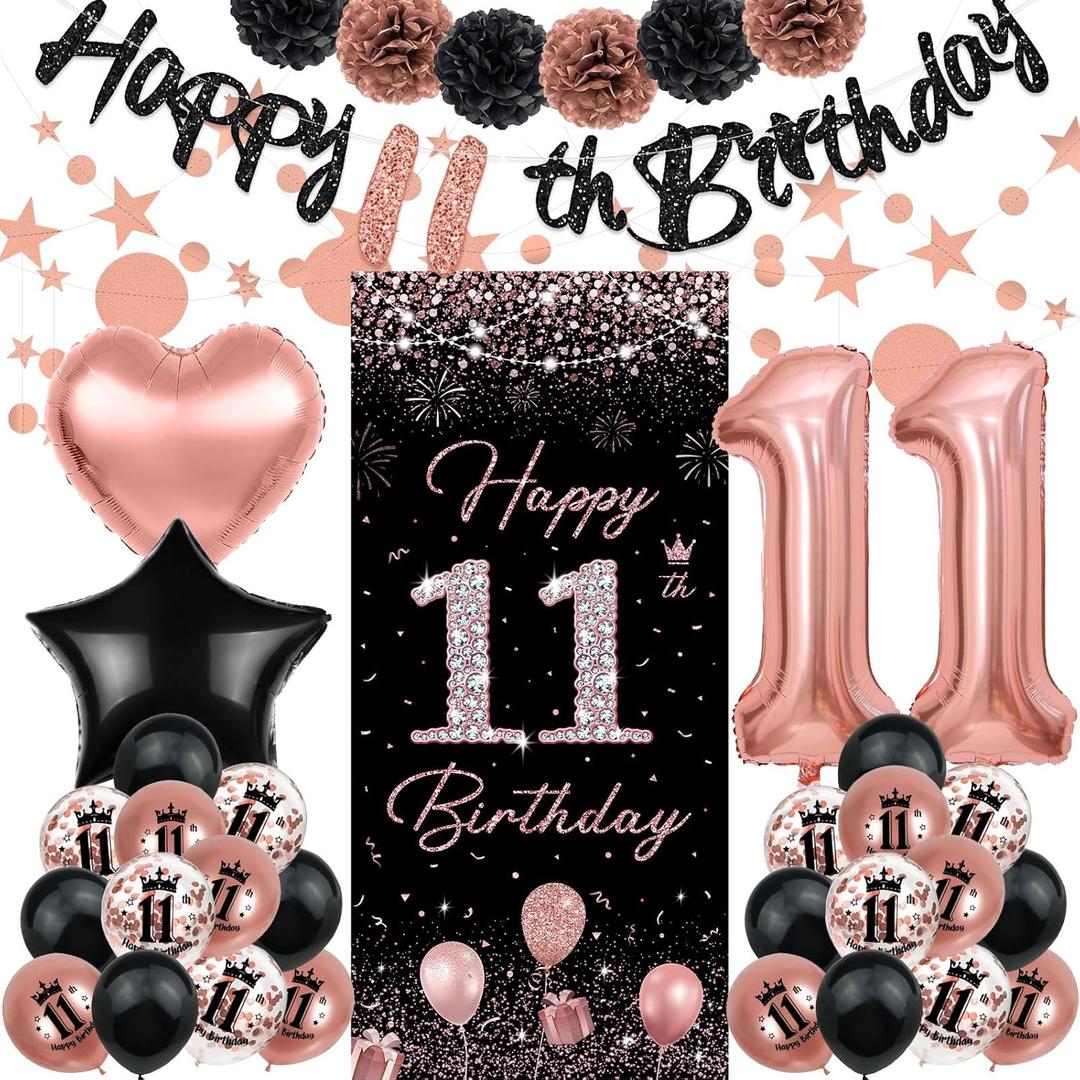 Rose Gold Happy 11th Birthday Decorations - Banner, Backdrop, Balloons, Pompoms, Star Streamers