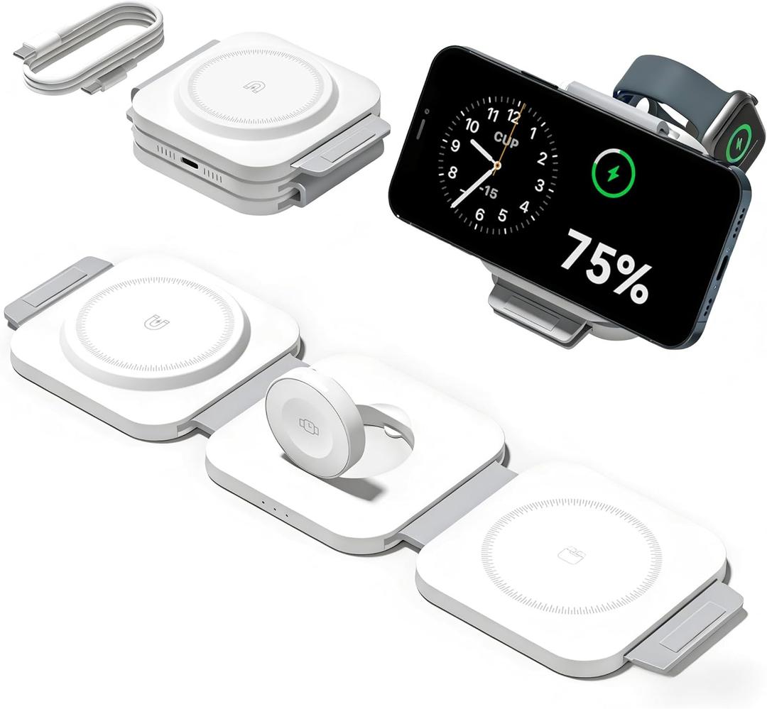 3 in 1 Charging Station for Apple Multiple Devices, Foldable Magnetic Fast Wireless Charger Dock, Travel Charging Pad for iPhone 17 16 15 14 13 12 Pro Max Plus Apple Watch Series & AirPods 4/3/2/Pro
