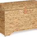 Handwoven Storage Basket with Lid, 178L Wicker Storage Bin, Natural Water Hyacinth, Leather Buckle & Metal Frame, Metal Ring Handles for Easy Transport, Storage Chest & Trunk for Bedroom, Living Room