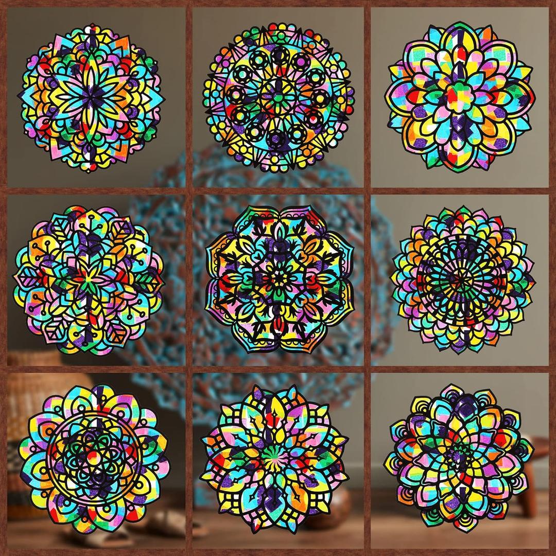 18 Pack Colorful Mandala Window Clings DIY Kit Stained Glass Kits for Adults Suncatchers for Windows Arts and Crafts DIY for Adults Mandala Sun Catcher for Beginner Teens, 6 x 6 Inches