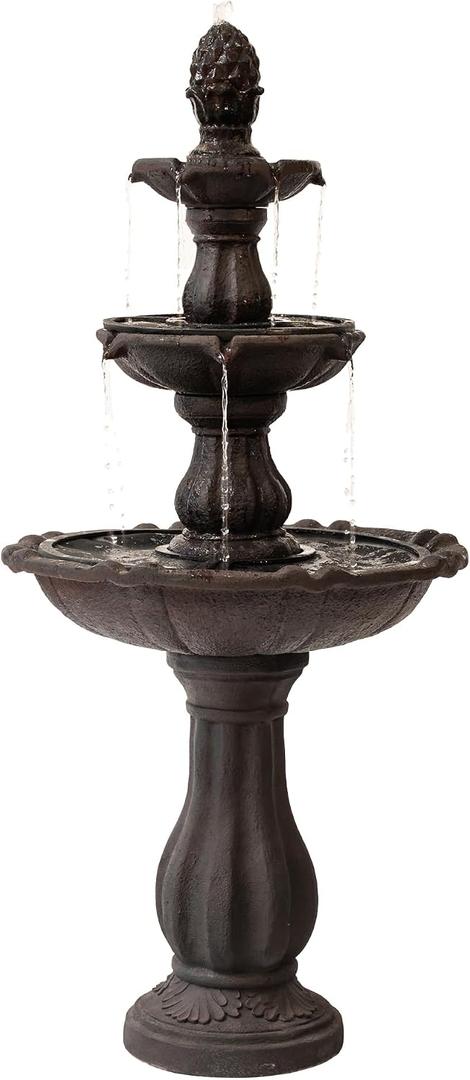XBrand 3-Tier Freestanding Waterfall Fountain w/Pump & Pineapple Top, 51 Inch Tall, Brown, Large Outdoor Garden Fountain, Ideal for Garden, Porch, and Lawn