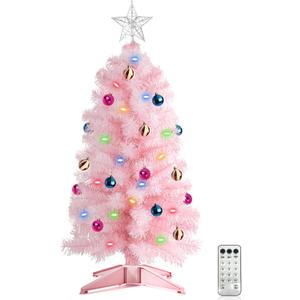 [ 12 Modes & Remote Control ] SURCVIO 3 Ft Christmas Tree with Timer 50 Four Color LED Lights DIY 15 Ball Ornaments Star Artificial Xmas Tree Indoor Outdoor Home Holiday Decorations (Pink)