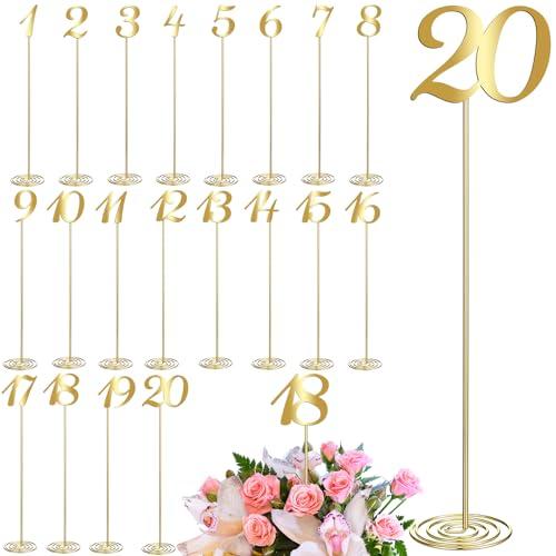 Therwen 20 Pcs Metal Table Numbers 1-20 Table Numbers for Wedding Reception 12 Inch Stainless Steel Party Desk Figure with Sturdy Holder Base for Banquet Wedding Party Event Catering(Gold)