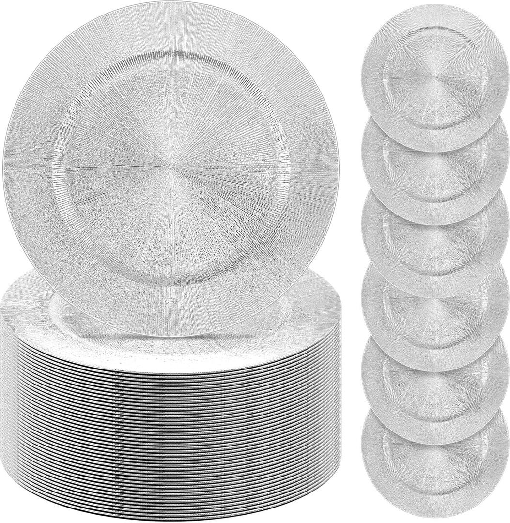 Tanlade 100 Pcs Charger Plates Bulk, 13 Inch Plastic Round Charger Dinner Plates Elegant Wedding Serving Plate for Event Tabletop Wedding Party Bridal Baby Shower Decor (Silver)