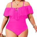 Daci Women Plus Size One Piece Swimsuits Tummy Control Ruffle Off Shoulder Bathing Suits (XX-Large, Hot Pink)
