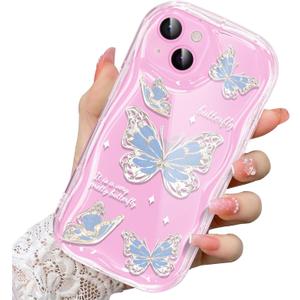 2 x Compatible for iPhone 14 Case, Pretty Butterfly Print Three-Dimensional Wave Clear Case for Girls Women, Soft Full Package Anti-Fall Cover for iPhone 14, Water Blue Butterfly