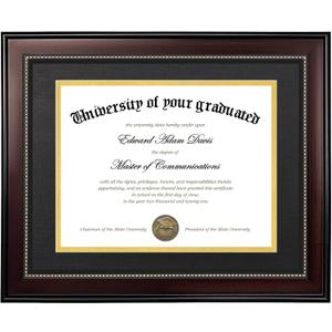 upsimples 11x14 Diploma Frame with High Definition Glass, Display 8.5x11 Certificate with Black over Gold Mat, Degree Document Frame for Wall and Tabletop, Mahogany with Gold Beads, 1 Pack