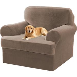 2 Pieces T Cushion Chair Covers with Arms Thick Velvet Couch Cover Stretch T Cushion Sofa Covers for Living Room Chair Cover with Individual T Cushion Covers , Washable (1 Cushion Chair, Mocha)