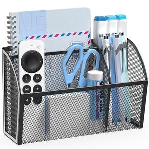 YINGHUA Magnetic Desk Organizer - 3 Compartment Metal Mesh Pen Holder for Locker, Whiteboard, Refrigerator, Office - Black Caddy