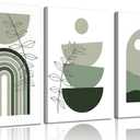 Set of 3 Sage Green Boho Canvas Wall Art Minimalist Botanical Wall Decor Pictures Modern Abstract Neutral Geometric Line Green Leaf Posters Prints for Living Room Bedroom Home Decoration 16x24in