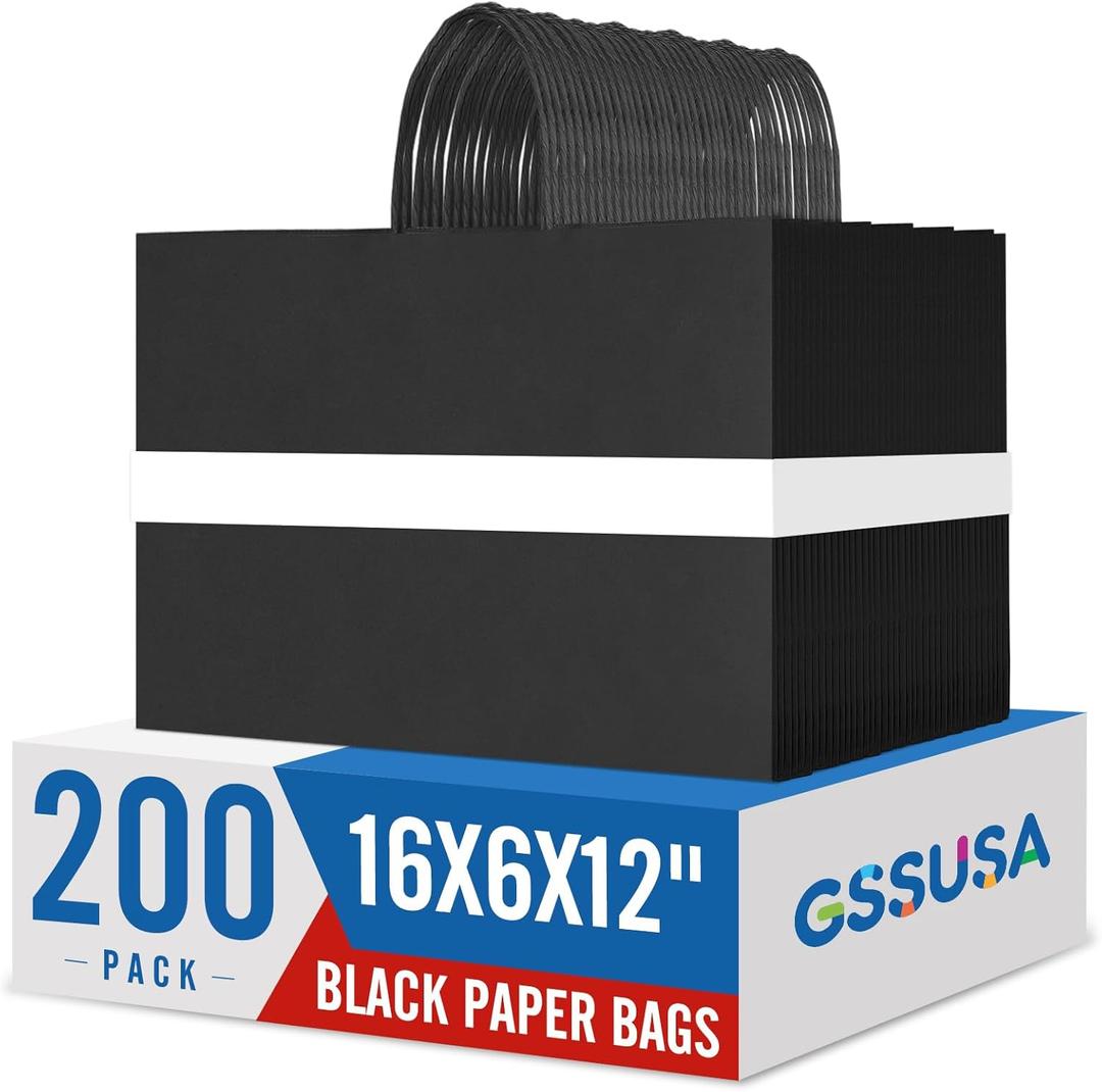 GSSUSA Large Paper Bags with Handles16x6x12 200 Pack, Gift Bag for Small Business, Paper Shopping Bag, Grocery, Food Service Take Out, Large Kraft Paper Bags, Bulk, Black