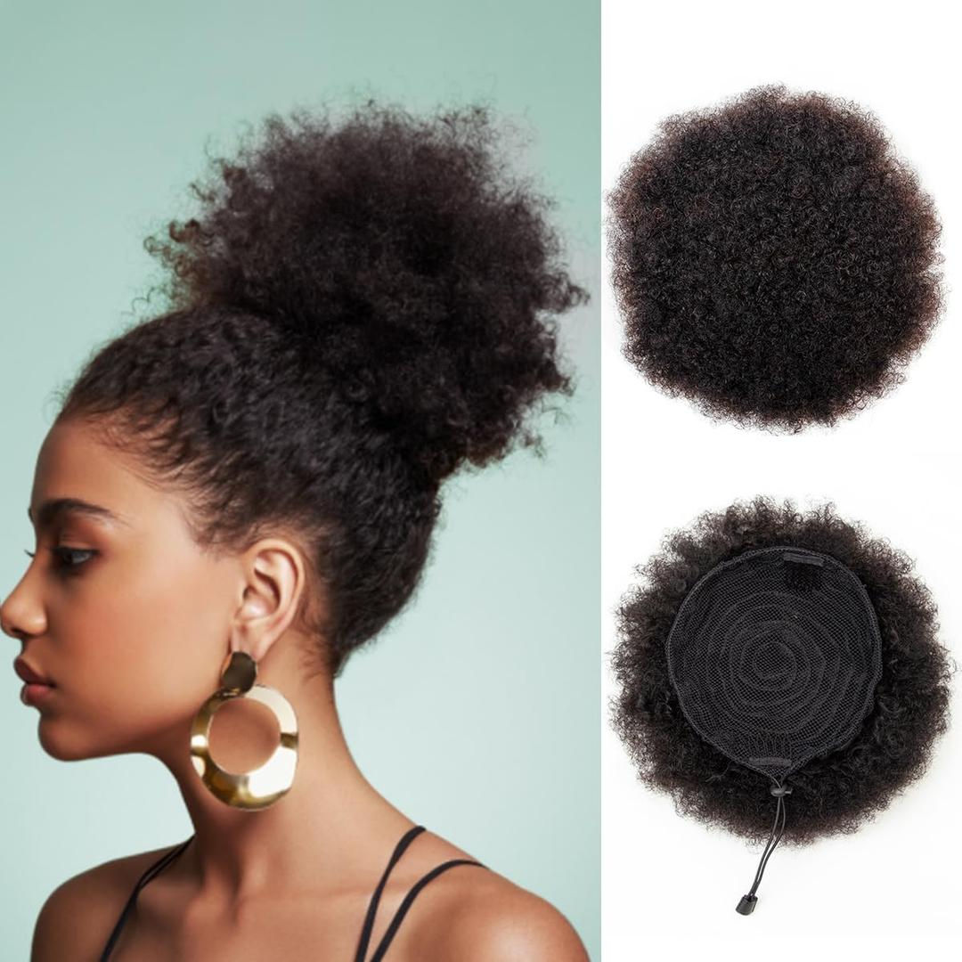 Boymia Afro Puff Ponytail for Black Women - Natural Black 6 Inch 100% Human Hair Puff Hair Extensions Clip On Kinky Curly Ponytail Bun Durable Natural Soft and Smooth Hairpiece (6 Inch 1 Pcs, #1B Natural Black)