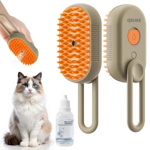 Cat Steam Brush, 3 in 1 Pet Steam Cats Brushes Rechargeable Anti-Static Grooming Brushe, Vibration Massage Cleaning Shedding & Combing Multifunctional Hair Removal Comb for Cats Dog (Khaki)