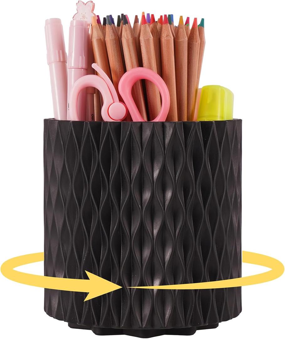 Black Pen Holder for Desk, 360 Rotating Pen Organizer with 5 Slots - Spinning Pencil Holder & Pencil Cup for Office, Art Supply, Makeup Brush - Desk Organizer for Home, School