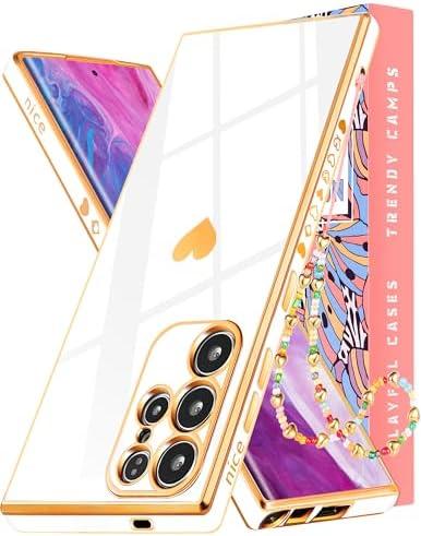 Likiyami for Samsung Galaxy S25 Ultra - Women Girly Cute Girls Love Heart Design with Chain & Lanyard Cover Soft TPU Bumper Stylish Pretty Plating Luxury Aesthetic for Galaxy S25 Ultra Case, White 2 PACK
