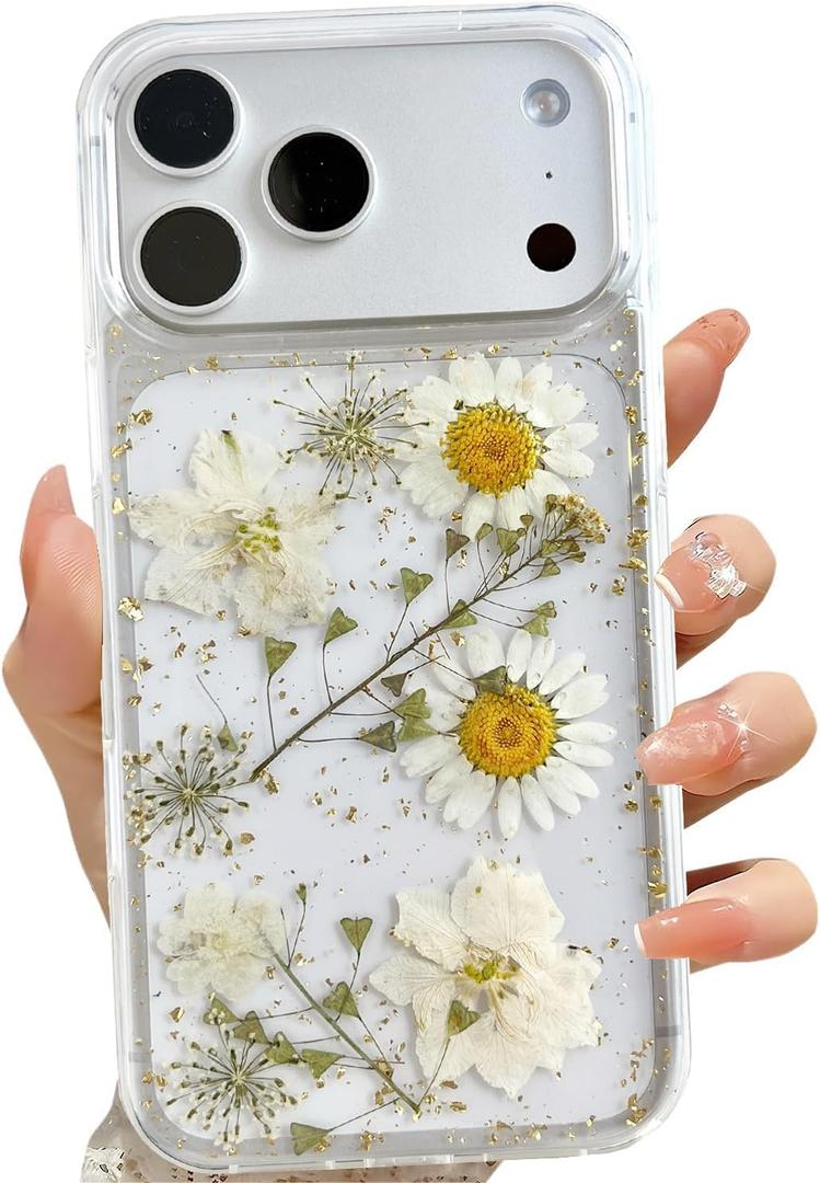 LSEEKA for iPhone 17 Pro Max Clear Case with Pressed Real Flowers Design,Glitter Cute White Floral Pattern Slim Soft TPU Protective Women Girl's Phone Cover for iPhone 17 Pro Max