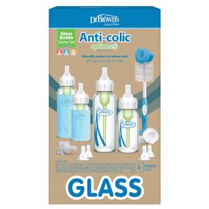 Dr. Brown's Anti-Colic Options+ Narrow Glass Baby Bottle Starter Set with Level 1, 2, and 3 Nipples, Silicone Sleeves, Soft-Touch Brush, Travel Caps, and HappyPaci, 0m+