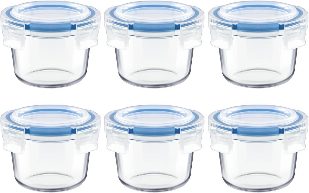 Set of 6 Small Glass Storage Containers, 7 oz Food Containers with No-Spill Lids, Thick Glass Jars for Meal Prep, Babys Snacks, Leftovers and Sauces, Dishwasher & Microwave Safe