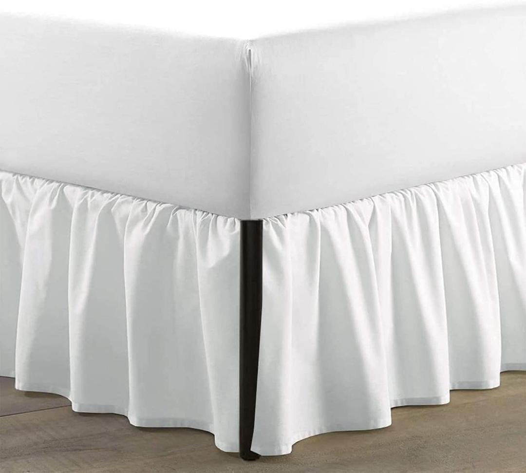 SKY BEDDINGS - King Size Ruffled Bed Skirt with Split Corners - 21 Inch Drop Dust Ruffle Bed Skirt with Platform Three Sided Coverage - 100% Microfiber, White