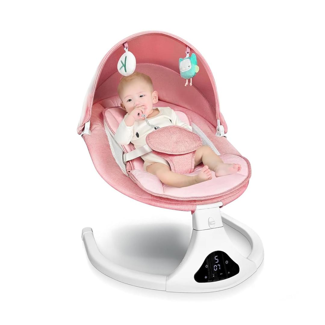 Electric Baby Swing for Infants to Toddler| Portable Infant Swing with Remote Control, Swing with 5 Speeds, 3-Point Harness for Baby Boy Girl (Pink)