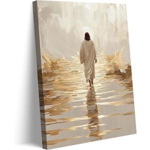 Jesus Walking On Water Canvas Wall Art Christ God Maritime Sauntering Wall Decor Picture I With Jesus Peers Bible Stories Poster Print Painting for Christian Home Decoration Prepare To Hang (24L" x 16W"-canvas),  Golden Jesus