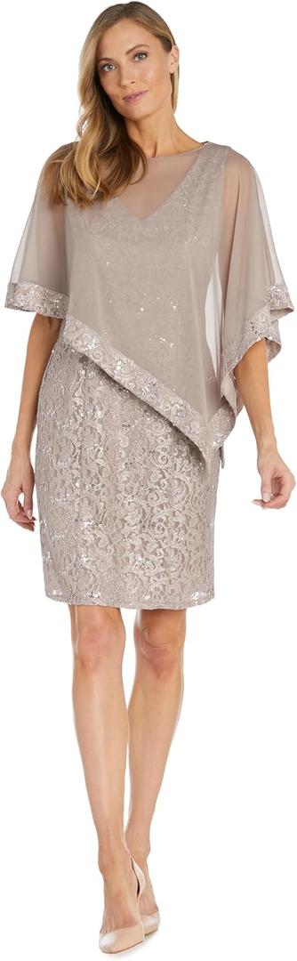 R&M Richards Women's Knee-Length Glitter Sequin Lace Dress W/Sheer Asymmetric Poncho Overlay | Evening Cocktail Attire (Beige)
