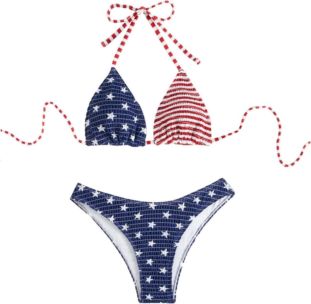 Verdusa Women's 2 Piece American Flag Bikini Set Halter Triangle Swimsuit High Cut Bathing Suit (X-Large, Multicolor)