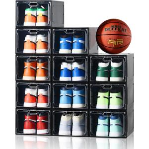 1 Pack Large Shoe Storage Box, Clear Shoe Storage Organizer with Magnetic Door, Stackable,Shoe Containers For Display Sneakers, Easy Assembly, Fit up to US Size 10, Black