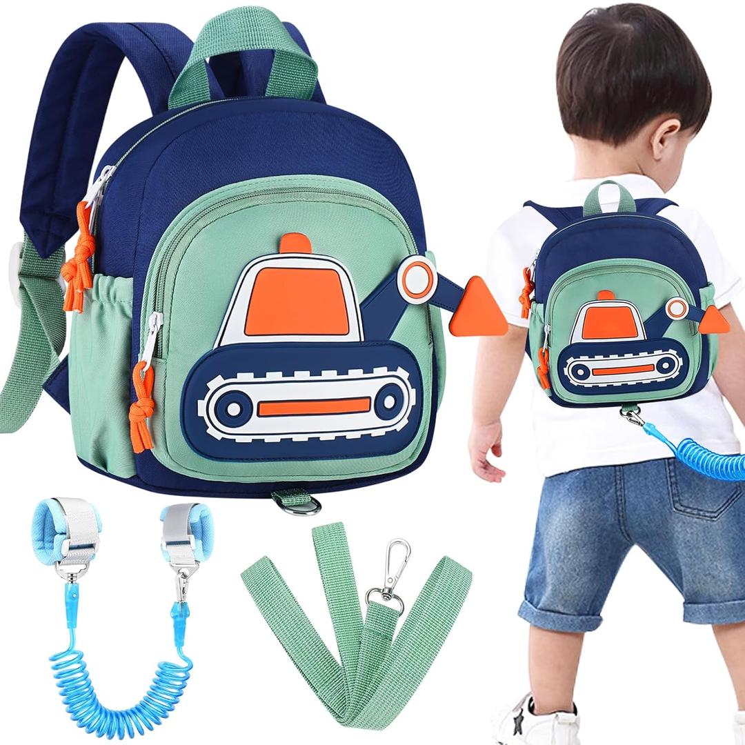 Accmor Toddler Leash Backpack, Cute Excavator Child Bag Harness with Anti Lost Wrist Link, Kid Walking Back Pack Mini Rucksack with Restraints Hand Strap Tether for Baby Boys Outdoor Traveling (Dark Blue/Green, Excavator)