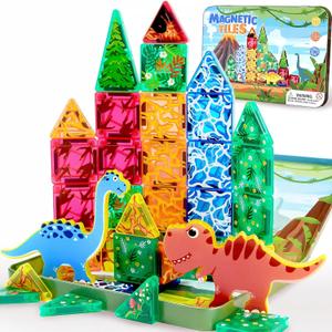 Travel Magnetic Tiles for Toddler Boys Kid, 36PC Mini Dinosaur Sets Airplane Restaurant Road Trip Activities Car Toys for Age 3 4 5 6 7 8 Year STEM Magnet Blocks Easter Basket Stuffers Gifts