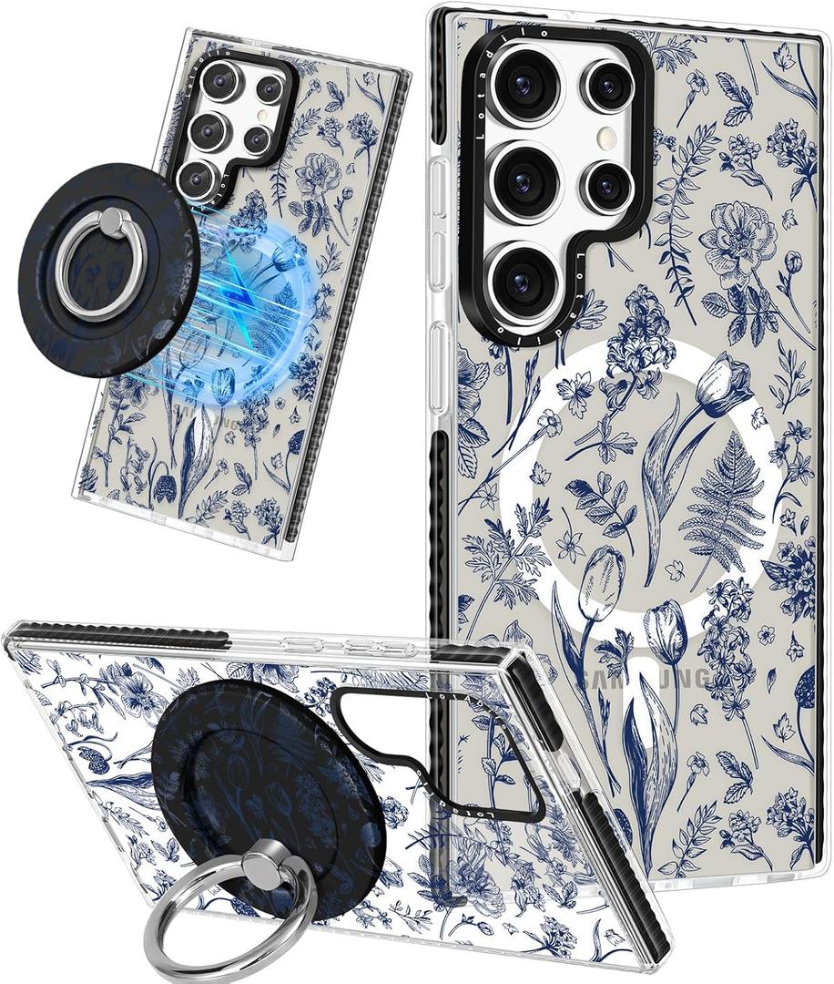 Cute Case for Samsung Galaxy S25 Ultra for Women Girls - Funny Blue Line Flower Design Compatible with Magsafe Magnetic Ring Holder Kickstand Fashion TPU Phone Covers