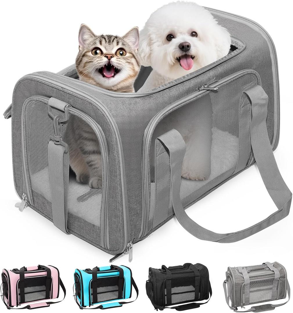 Soft-Sided Cat Carrier Expandable Pet Carrier Airline Approved Mesh Travel Carrier Up to 22lbs for Cats Small Dogs Collapsible Escape-Proof with Shoulder Strap (20x13x13 Gray)
