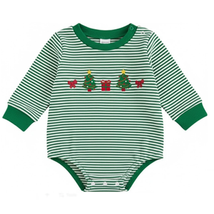 ZAXARRA Baby Christmas Sweatshirt Romper Striped Waffle Knit Jumpsuit Christmas Tree Embroidery Cute Boy Girl Holiday Outfit 3-6M